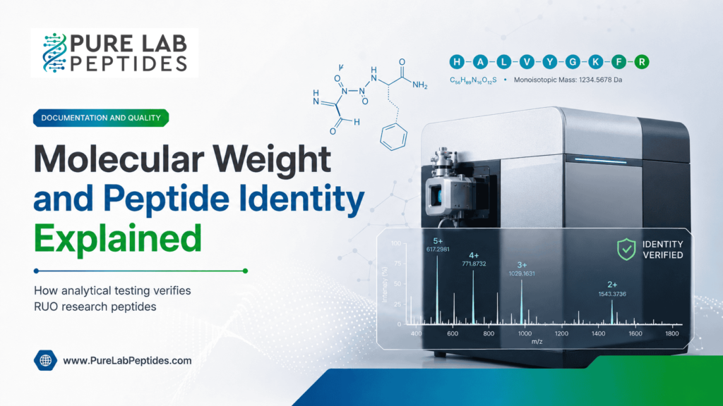 Molecular weight and peptide identity research graphic showing analytical testing and identity verification context